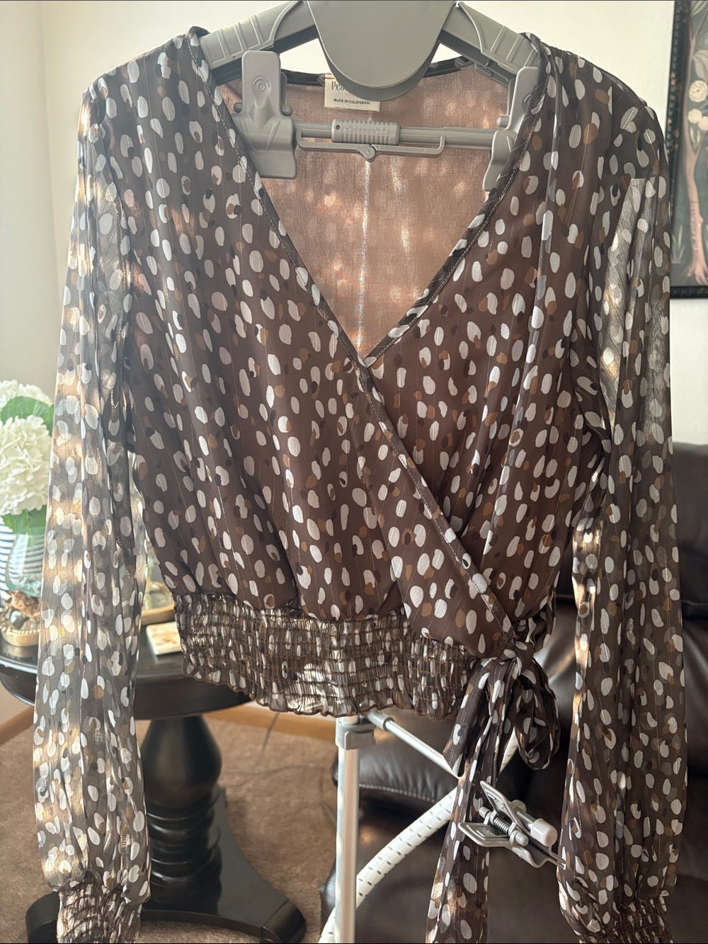 Brown Polka Dot animal print Wrap Blouse with Tie Waist